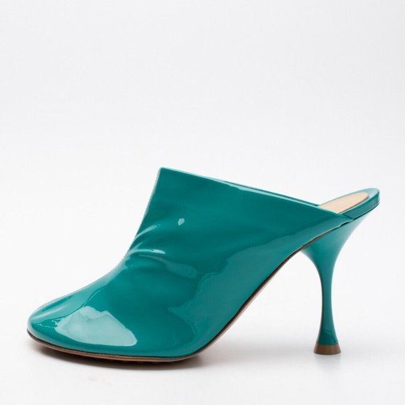 NEW in Box Bottega Veneta EU38 US8 Supergloss Leather Mule Heel Turquoise Shoe - Picture 1 of 8